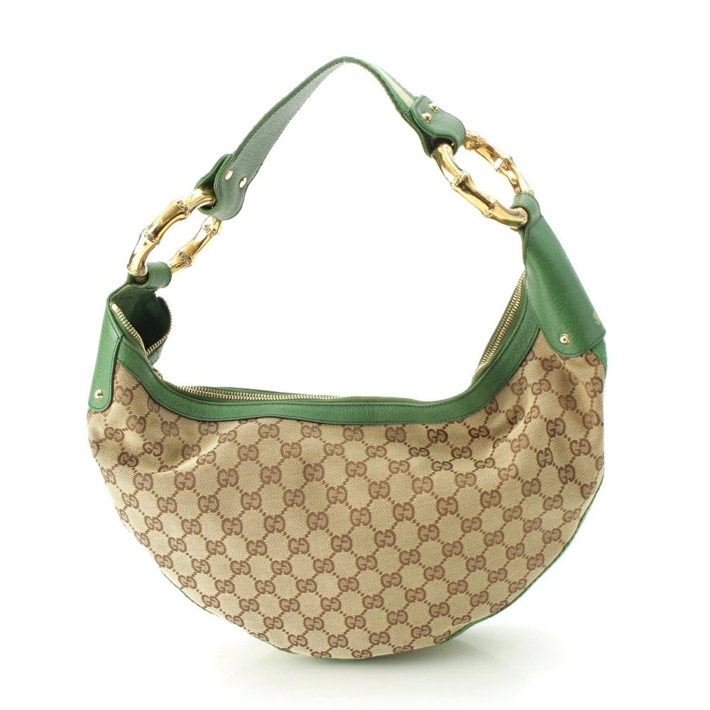 Gucci GG Canvas Sherry Bamboo Hobo Handbag Green